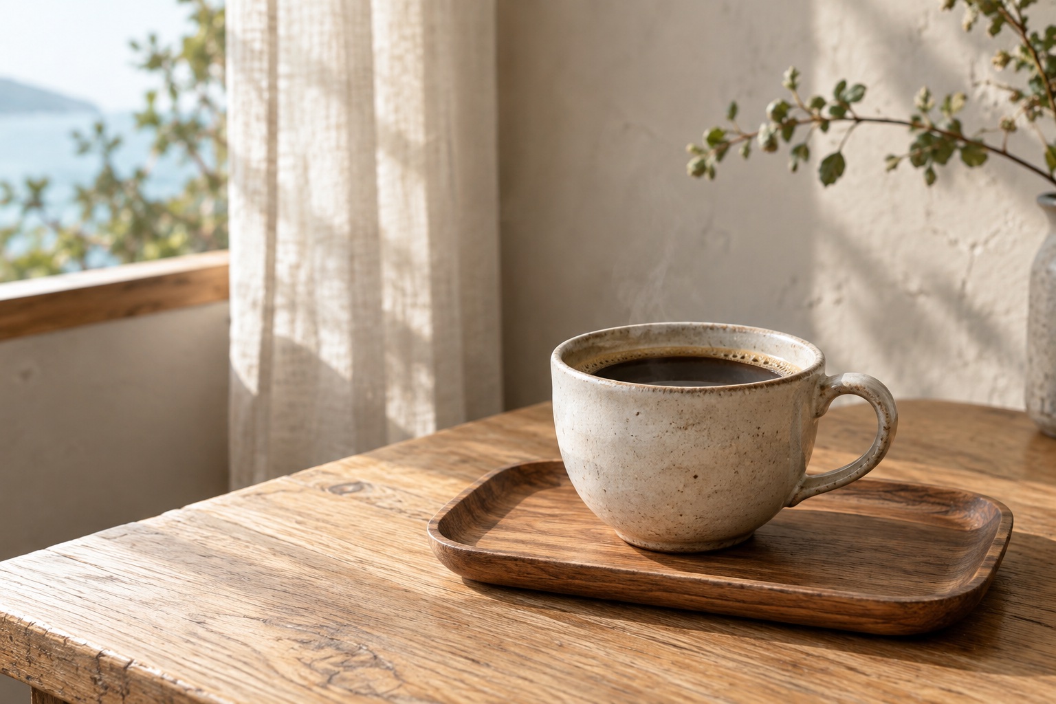 海辺の光が入る木のテーブルに置かれた、生成りの器のコーヒー